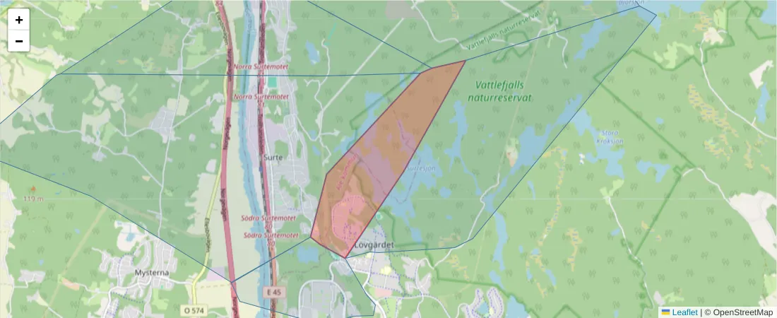 Karta över postnummerområdet  och angränsande postnummer i Sverige