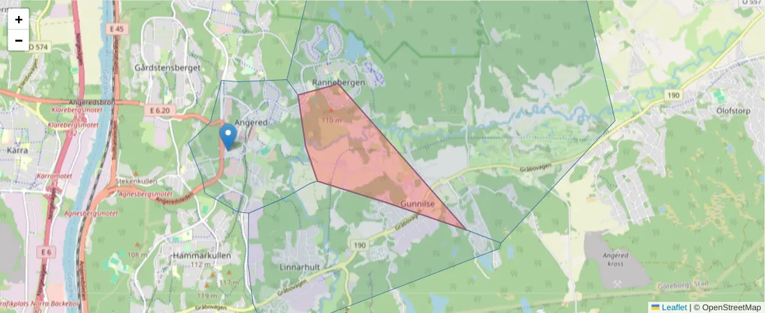 Karta över postnummerområdet  och angränsande postnummer i Sverige