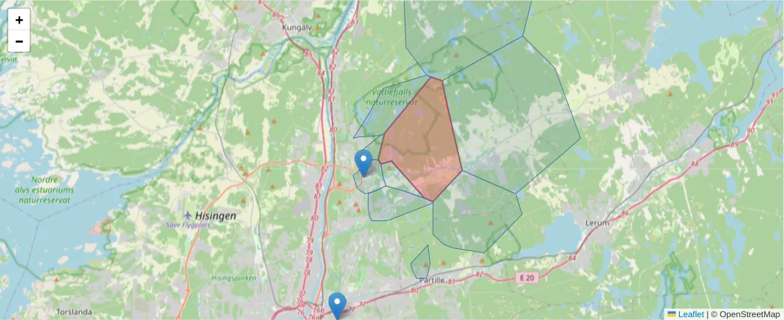 Karta över postnummerområdet  och angränsande postnummer i Sverige