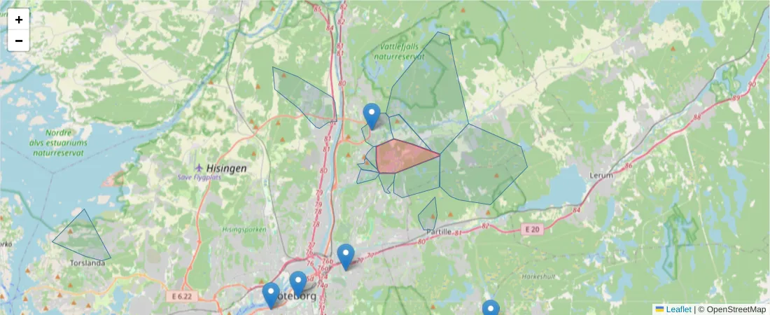 Karta över postnummerområdet  och angränsande postnummer i Sverige