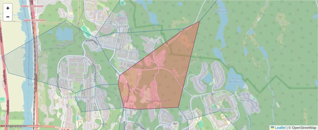 Karta över postnummerområdet  och angränsande postnummer i Sverige