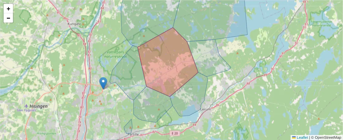 Karta över postnummerområdet  och angränsande postnummer i Sverige