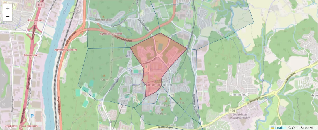 Karta över postnummerområdet  och angränsande postnummer i Sverige