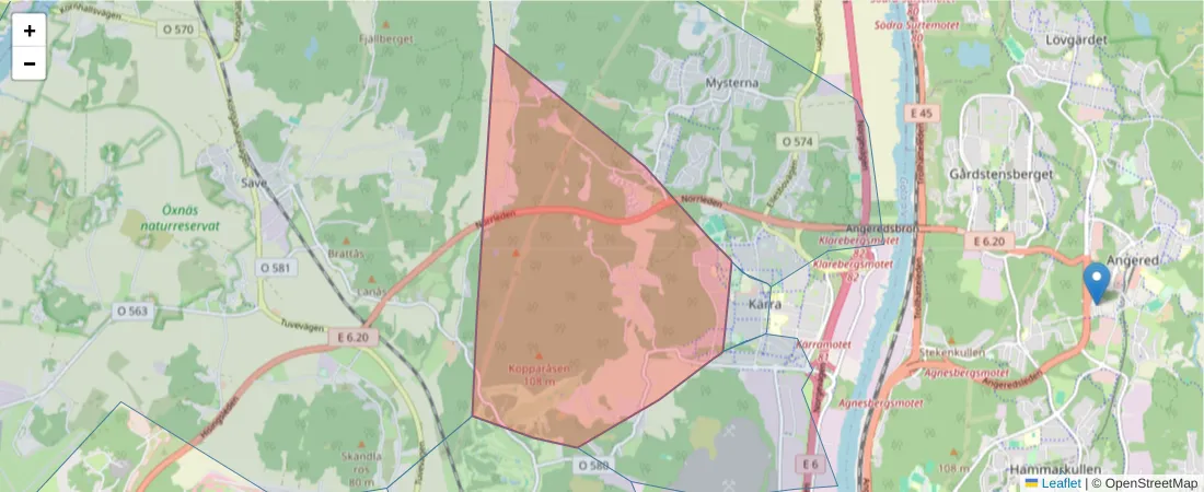 Karta över postnummerområdet  och angränsande postnummer i Sverige