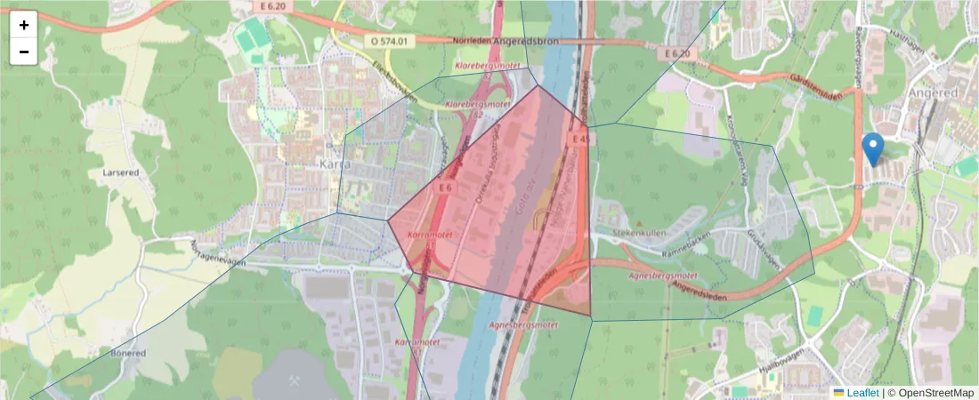 Karta över postnummerområdet  och angränsande postnummer i Sverige
