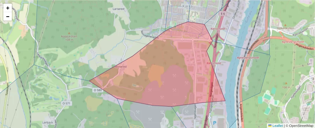 Karta över postnummerområdet  och angränsande postnummer i Sverige