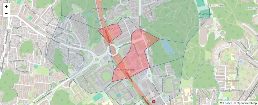 Karta över postnummerområdet  och angränsande postnummer i Sverige