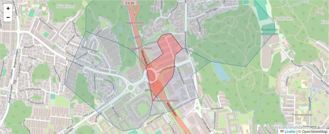 Karta över postnummerområdet  och angränsande postnummer i Sverige