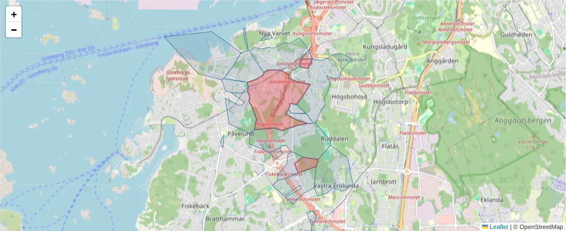 Karta över postnummerområdet  och angränsande postnummer i Sverige