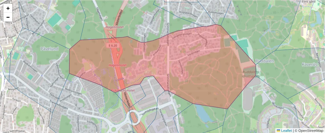 Karta över postnummerområdet  och angränsande postnummer i Sverige