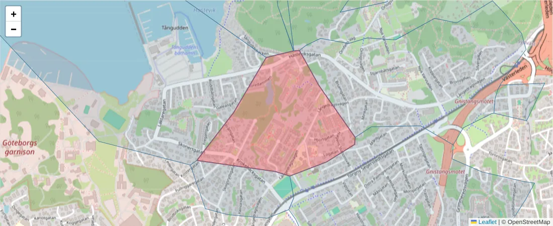 Karta över postnummerområdet  och angränsande postnummer i Sverige