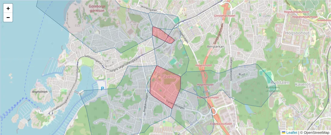 Karta över postnummerområdet  och angränsande postnummer i Sverige