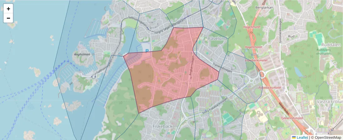 Karta över postnummerområdet  och angränsande postnummer i Sverige