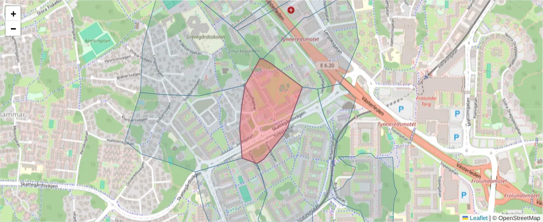 Karta över postnummerområdet  och angränsande postnummer i Sverige