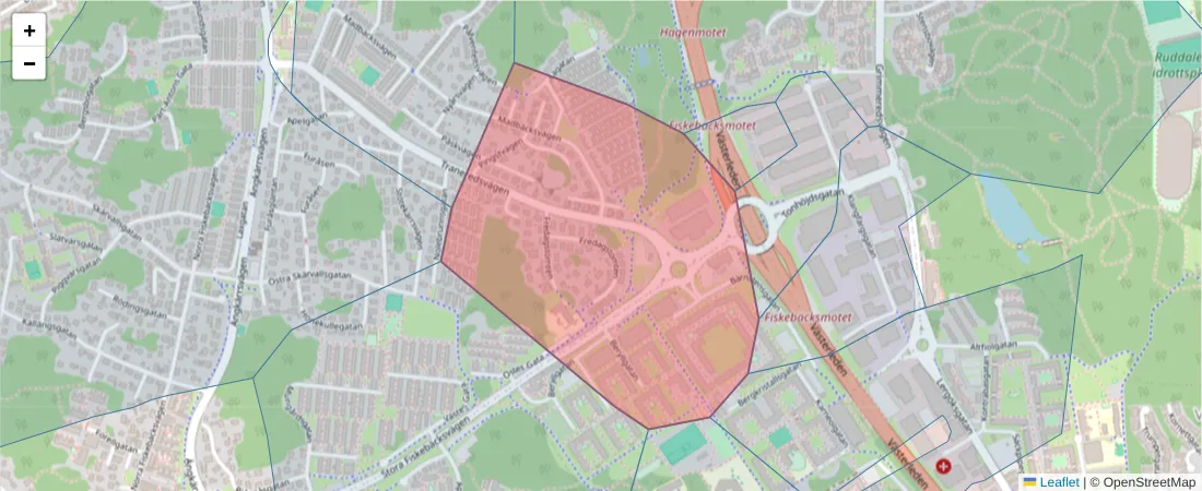Karta över postnummerområdet  och angränsande postnummer i Sverige
