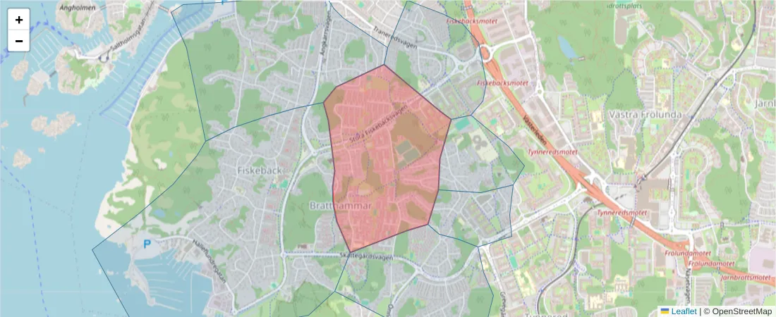 Karta över postnummerområdet  och angränsande postnummer i Sverige