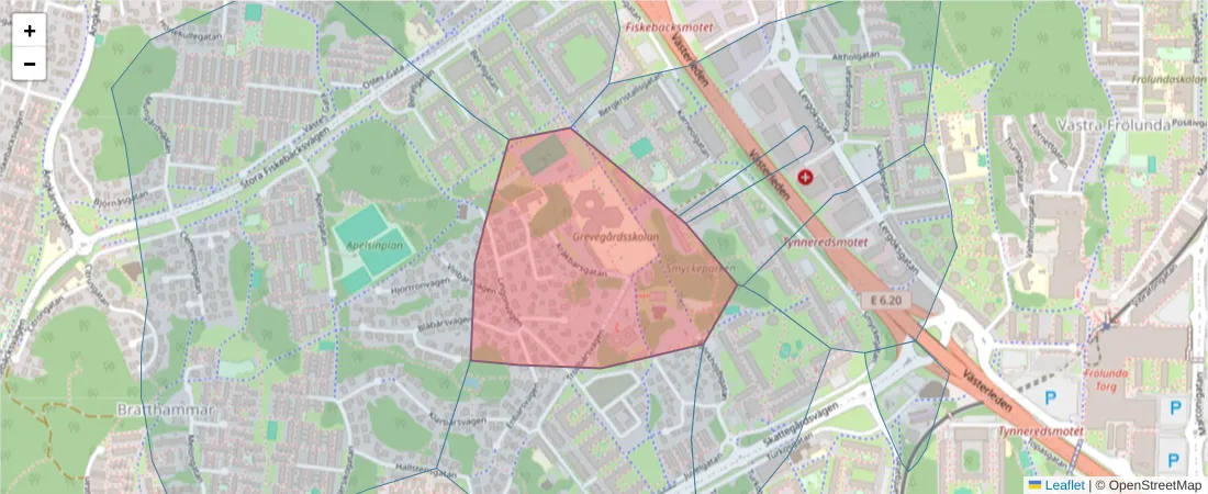 Karta över postnummerområdet  och angränsande postnummer i Sverige