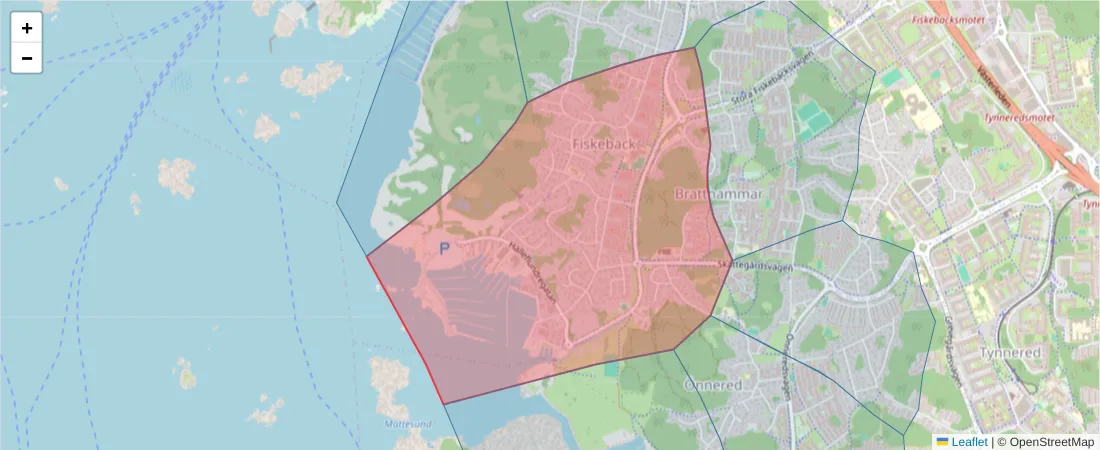 Karta över postnummerområdet  och angränsande postnummer i Sverige