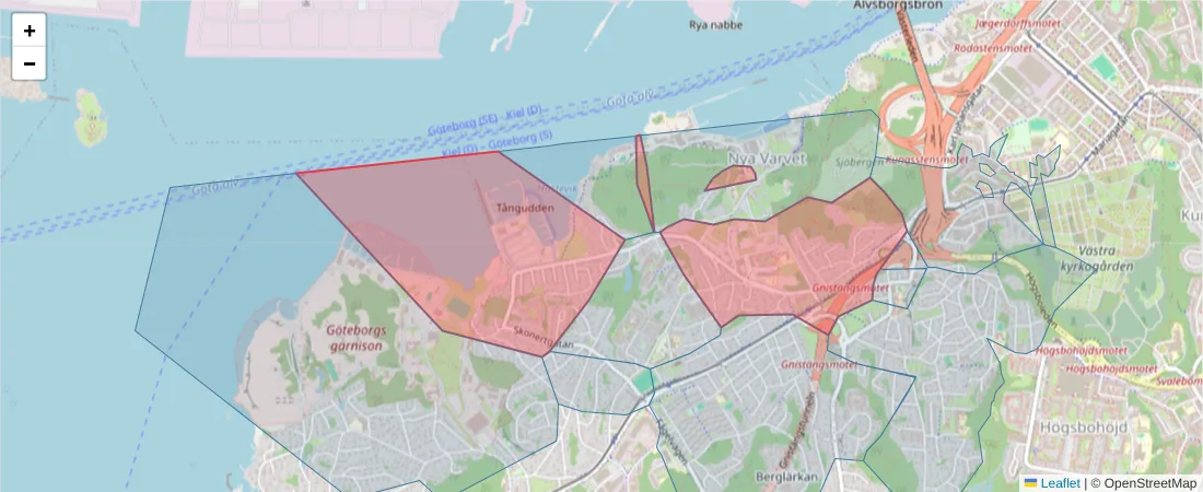 Karta över postnummerområdet  och angränsande postnummer i Sverige