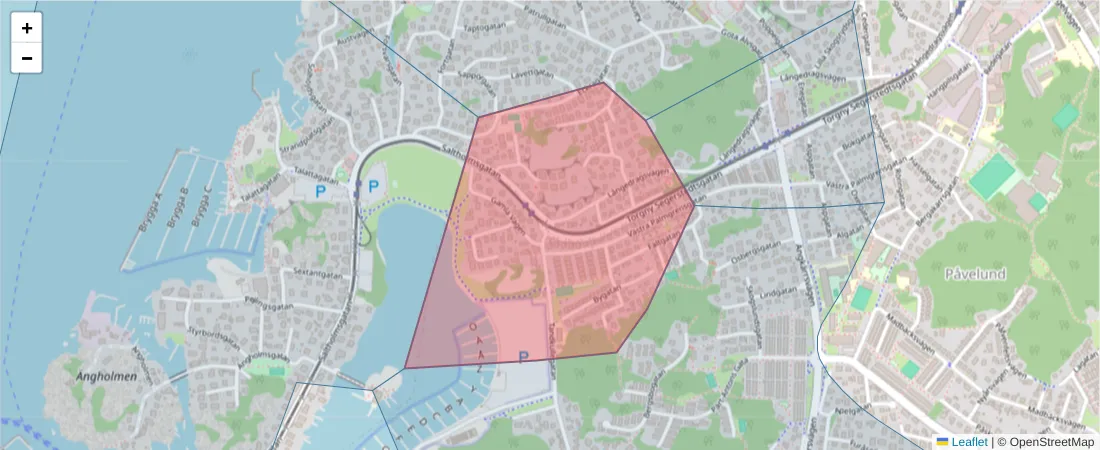Karta över postnummerområdet  och angränsande postnummer i Sverige