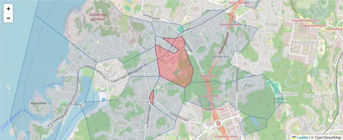 Karta över postnummerområdet  och angränsande postnummer i Sverige