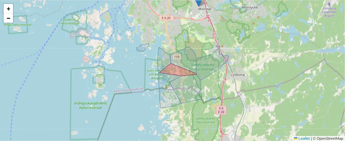 Karta över postnummerområdet  och angränsande postnummer i Sverige