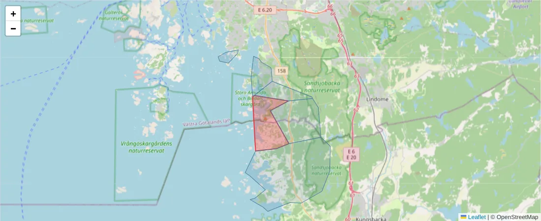 Karta över postnummerområdet  och angränsande postnummer i Sverige