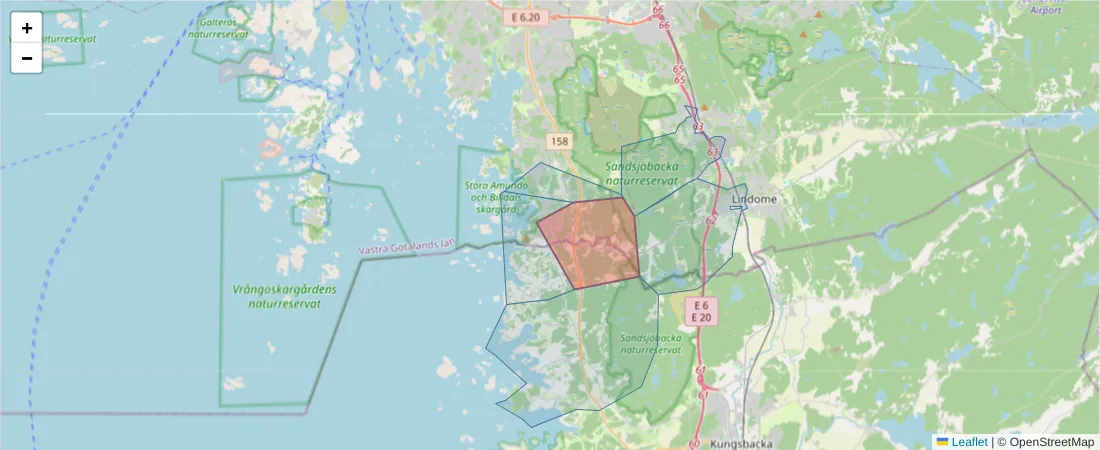 Karta över postnummerområdet  och angränsande postnummer i Sverige