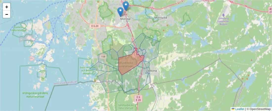 Karta över postnummerområdet  och angränsande postnummer i Sverige