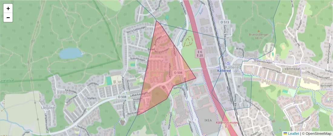 Karta över postnummerområdet  och angränsande postnummer i Sverige