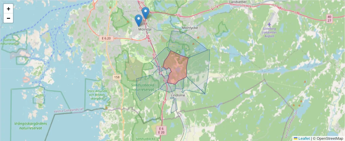 Karta över postnummerområdet  och angränsande postnummer i Sverige
