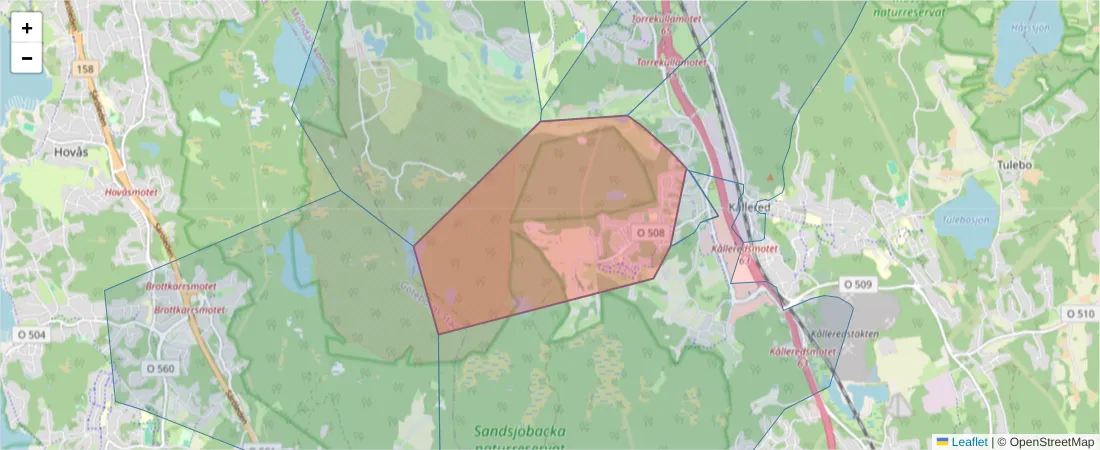 Karta över postnummerområdet  och angränsande postnummer i Sverige