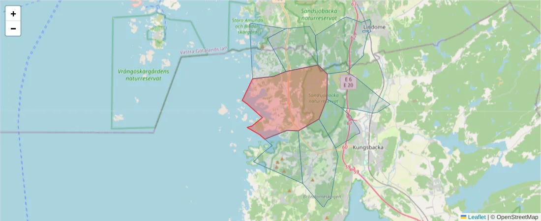 Karta över postnummerområdet  och angränsande postnummer i Sverige