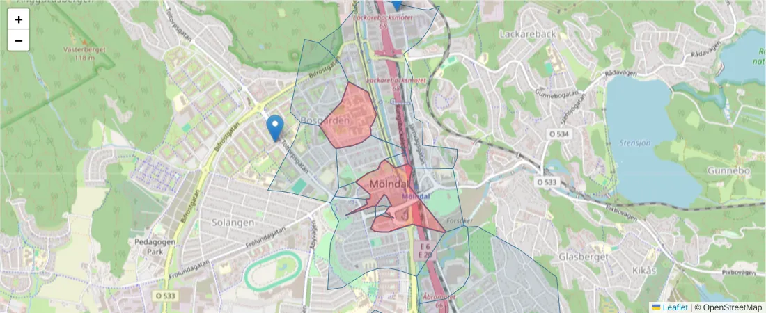 Karta över postnummerområdet  och angränsande postnummer i Sverige