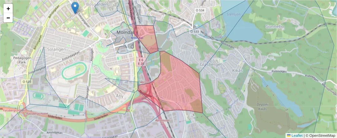 Karta över postnummerområdet  och angränsande postnummer i Sverige