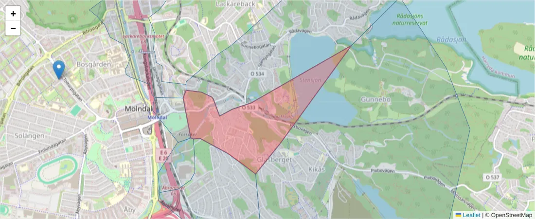 Karta över postnummerområdet  och angränsande postnummer i Sverige