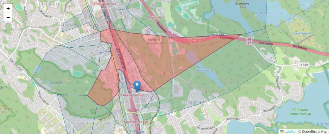 Karta över postnummerområdet  och angränsande postnummer i Sverige