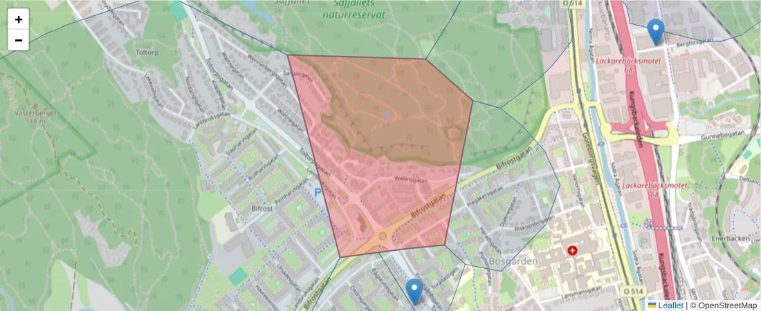 Karta över postnummerområdet  och angränsande postnummer i Sverige