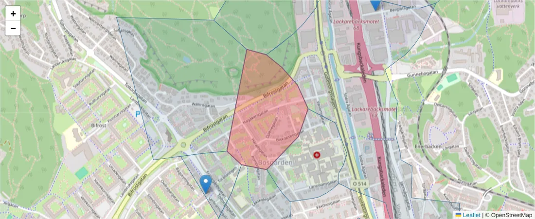 Karta över postnummerområdet  och angränsande postnummer i Sverige