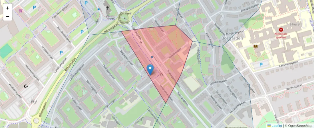 Karta över postnummerområdet  och angränsande postnummer i Sverige