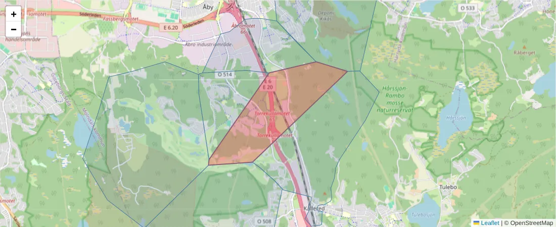 Karta över postnummerområdet  och angränsande postnummer i Sverige