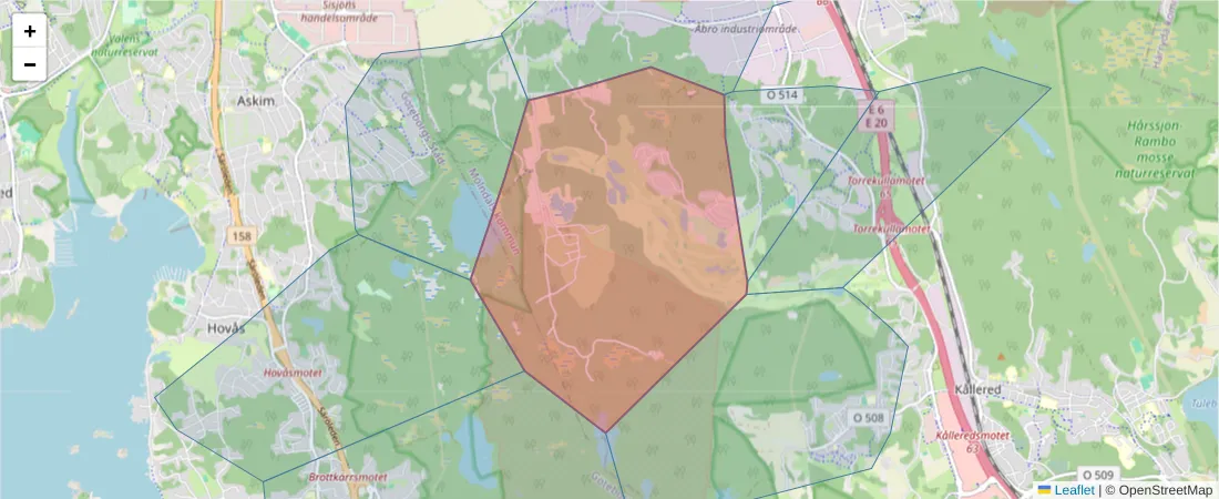 Karta över postnummerområdet  och angränsande postnummer i Sverige