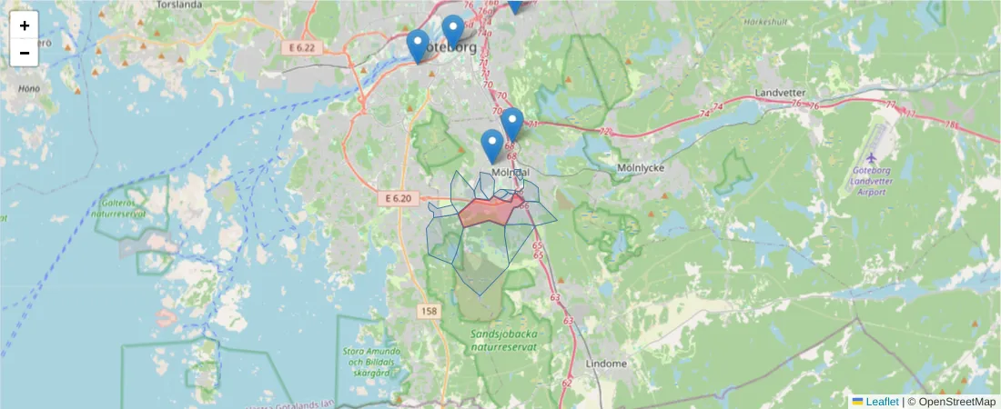 Karta över postnummerområdet  och angränsande postnummer i Sverige