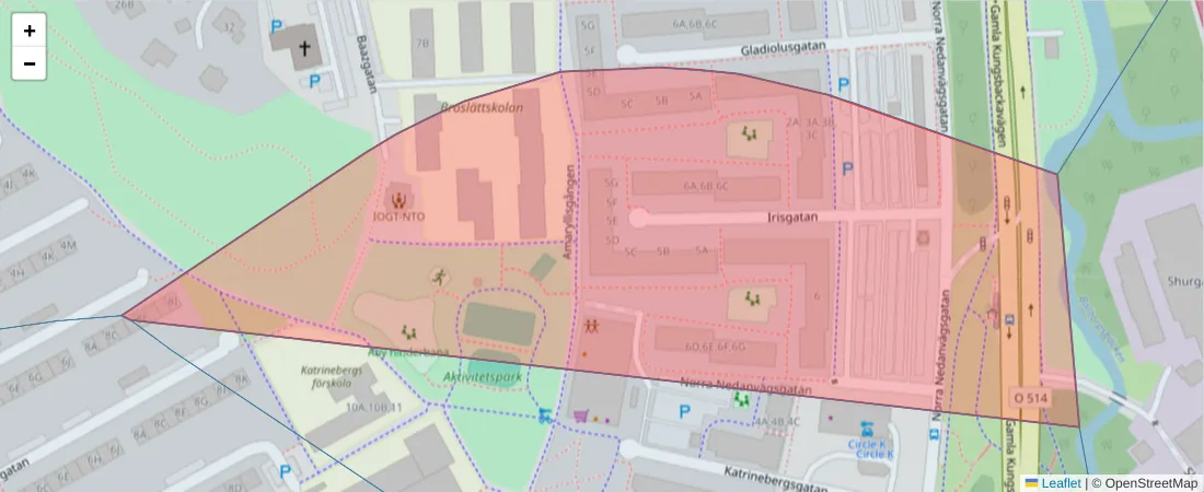 Karta över postnummerområdet  och angränsande postnummer i Sverige