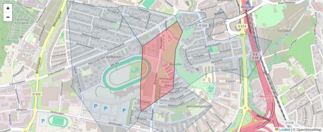 Karta över postnummerområdet  och angränsande postnummer i Sverige