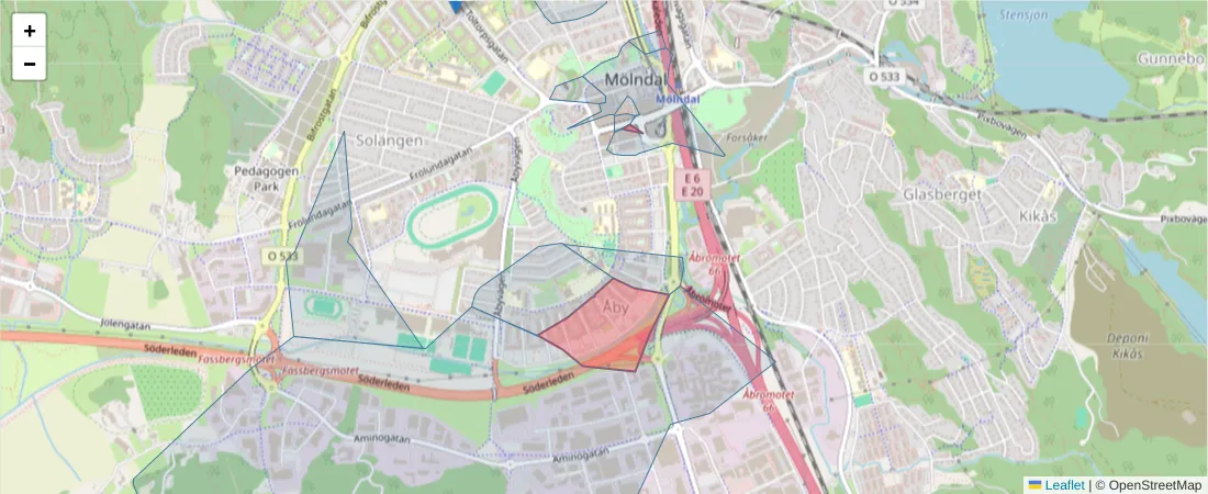 Karta över postnummerområdet  och angränsande postnummer i Sverige