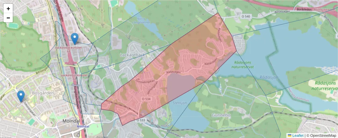 Karta över postnummerområdet  och angränsande postnummer i Sverige