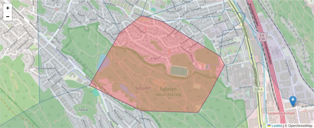 Karta över postnummerområdet  och angränsande postnummer i Sverige