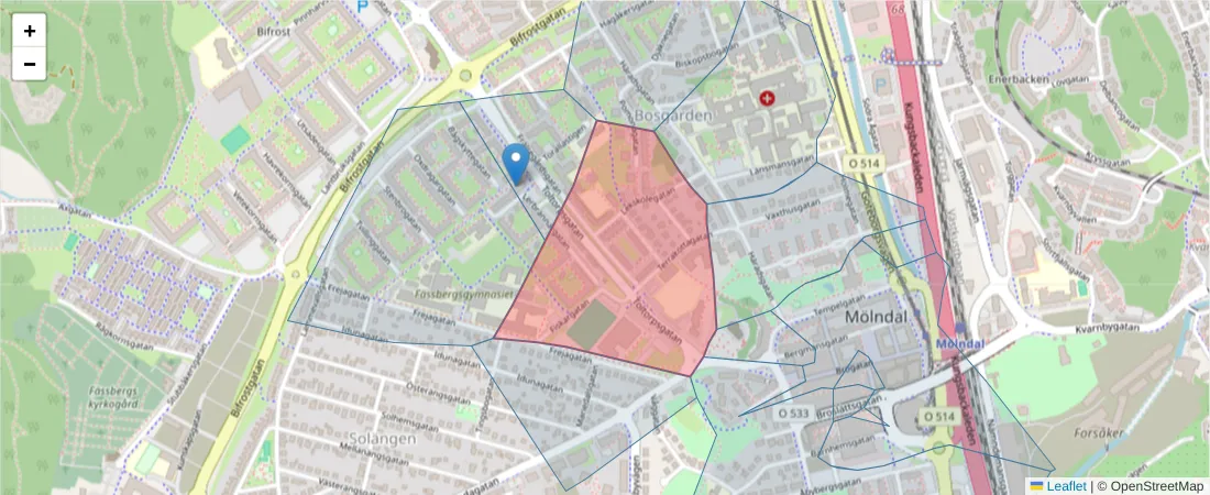 Karta över postnummerområdet  och angränsande postnummer i Sverige