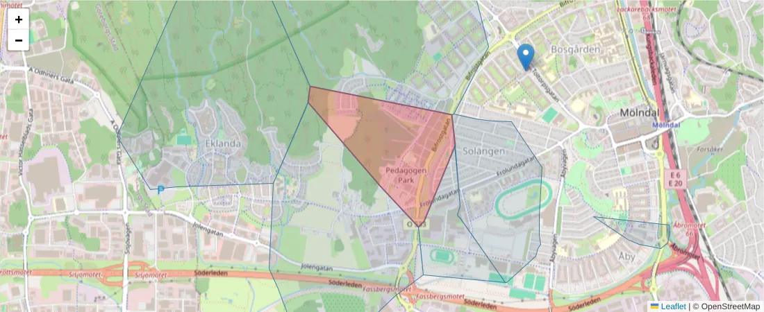 Karta över postnummerområdet  och angränsande postnummer i Sverige